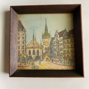 Vintage village scene marked Handausgemalt 7” x 7”